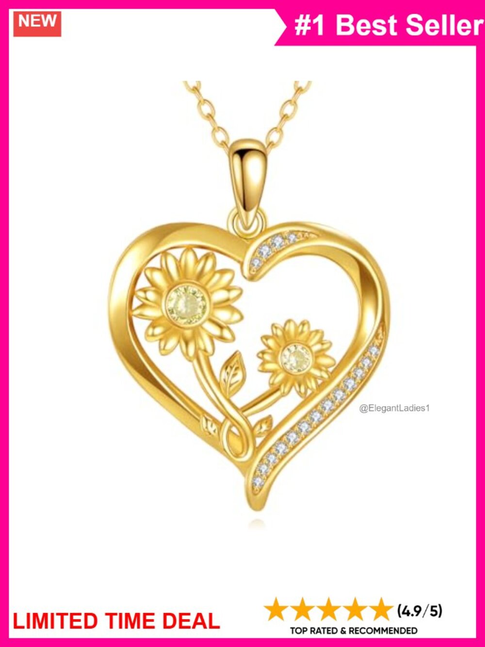Sunflower Heart Pendant Necklace 925 Sterling Silver 18K Gold Plated CZ